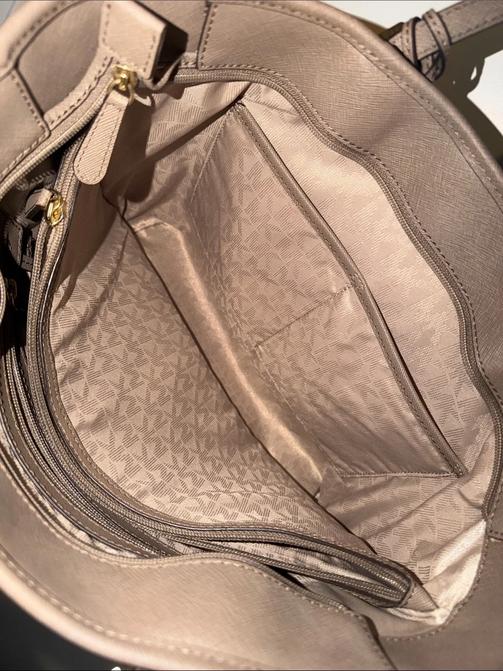 Michael Kors Taupe Leather Saffiano Tote with Gold Charm like new